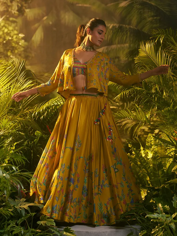 Yellow silk lehenga choli with jacket
