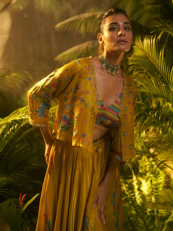 Yellow silk lehenga choli with jacket