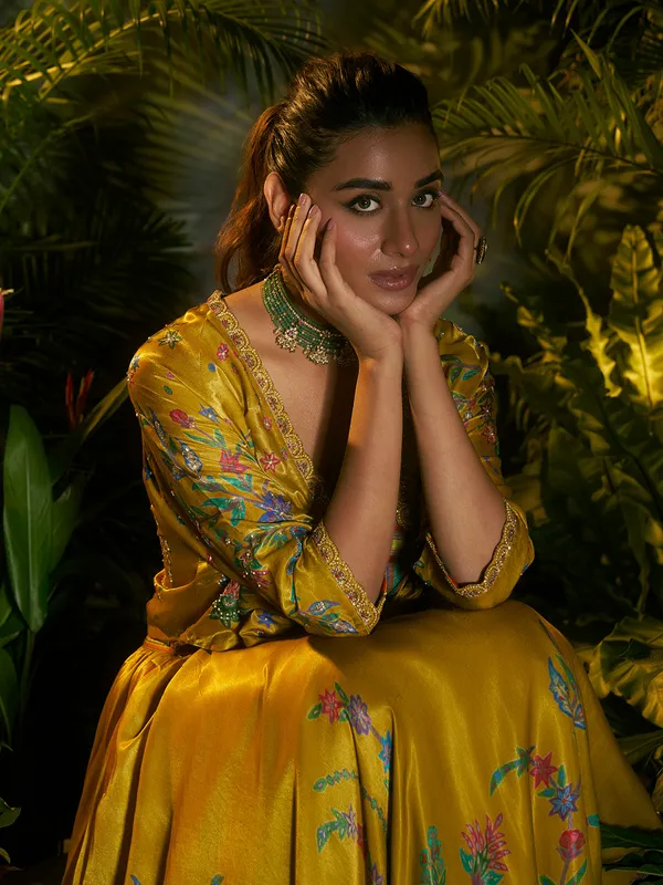 Yellow silk lehenga choli with jacket