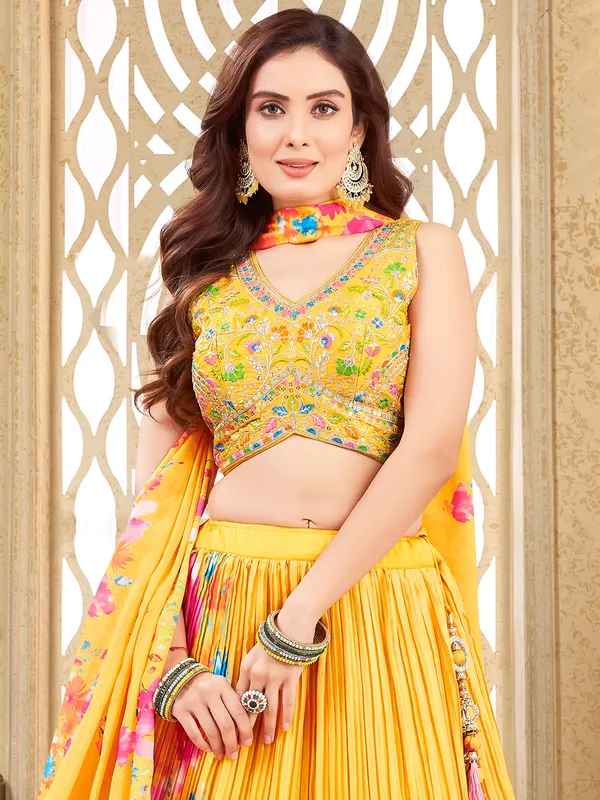 Yellow silk lehenga choli with printed