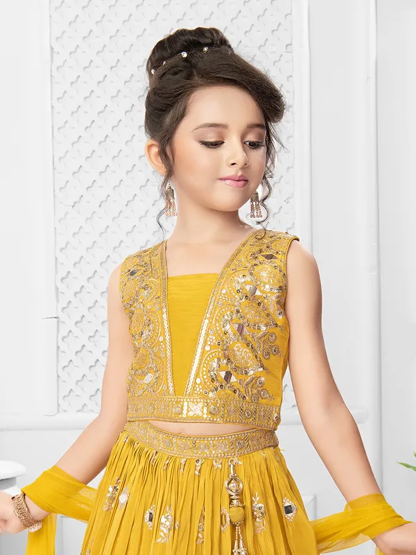 Yellow silk mirror worked lehenga choli