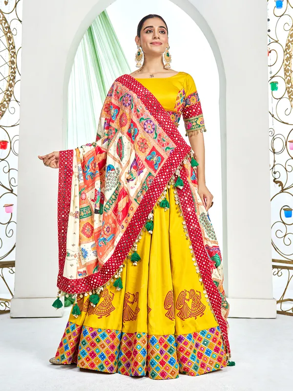 Yellow silk navratri lehenga choli with bold dupatta