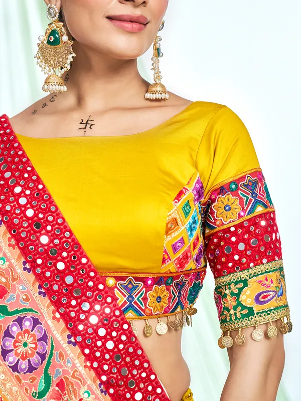 Yellow silk navratri lehenga choli with bold dupatta