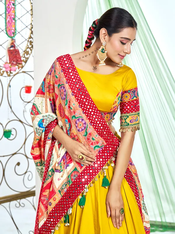 Yellow silk navratri lehenga choli with bold dupatta