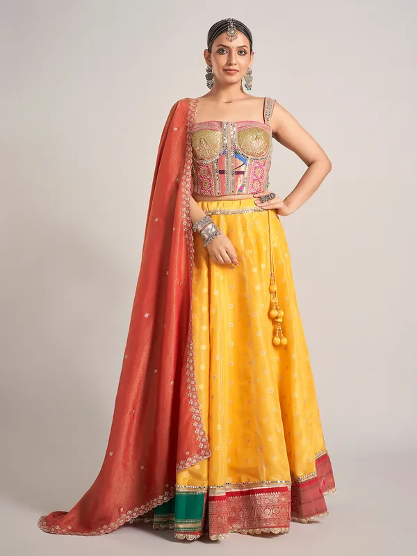 Yellow silk navratri wear chaniya choli with dupatta