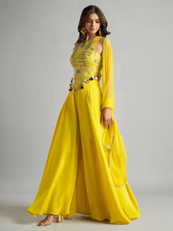 Yellow silk palazzo suit with dupatta for women