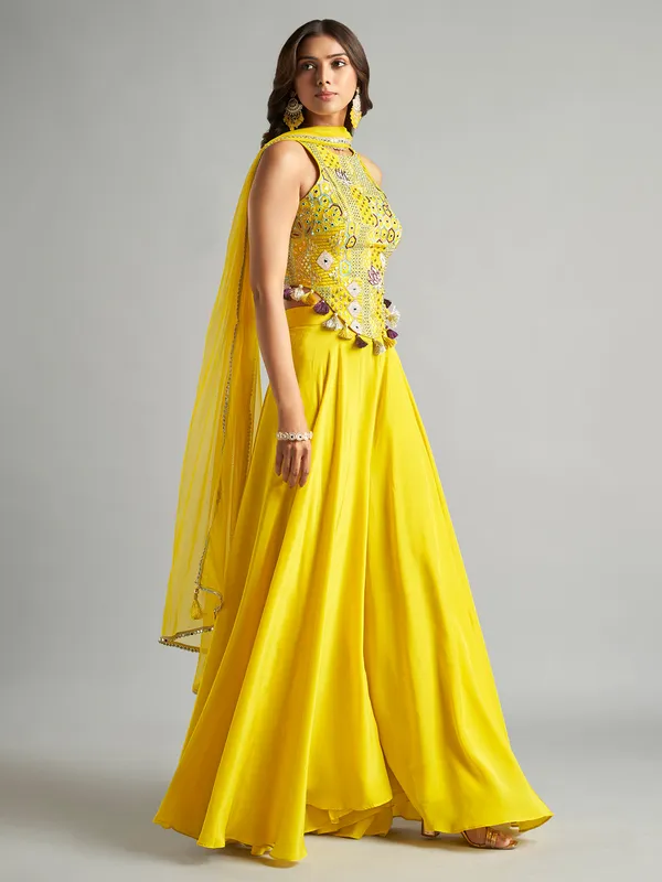 Yellow silk palazzo suit with dupatta for women