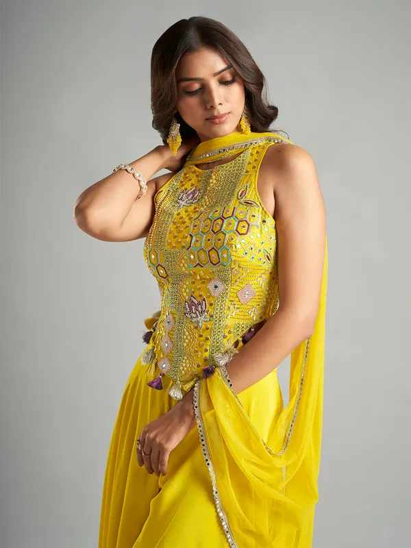 Yellow silk palazzo suit with dupatta for women