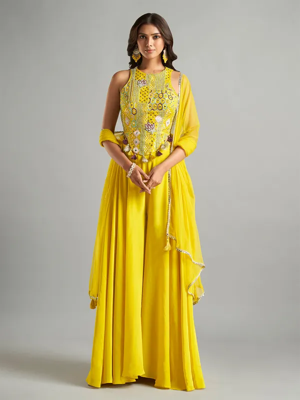 Yellow silk palazzo suit with dupatta for women