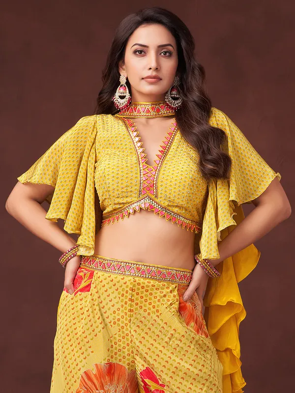 Yellow silk palazzo suit with print