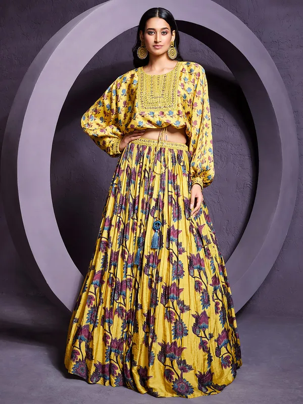 Yellow silk printed crop top with lehenga