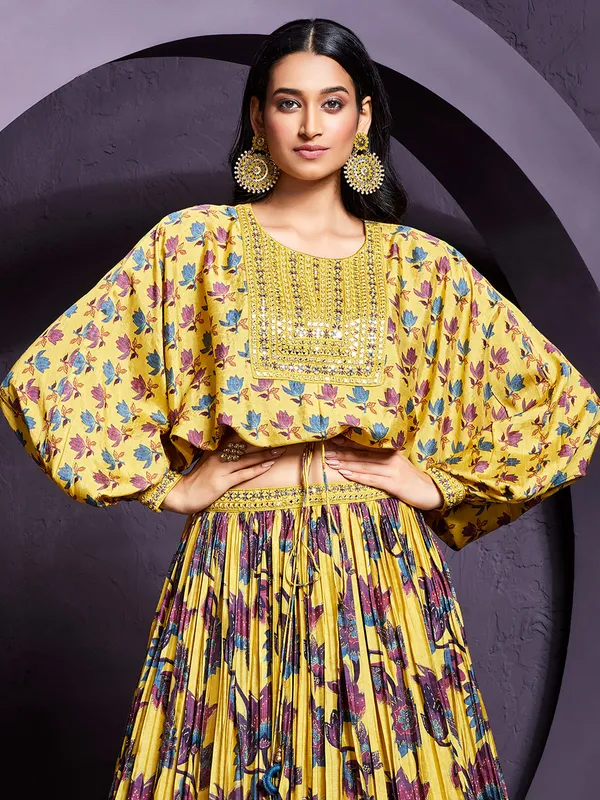 Yellow silk printed crop top with lehenga