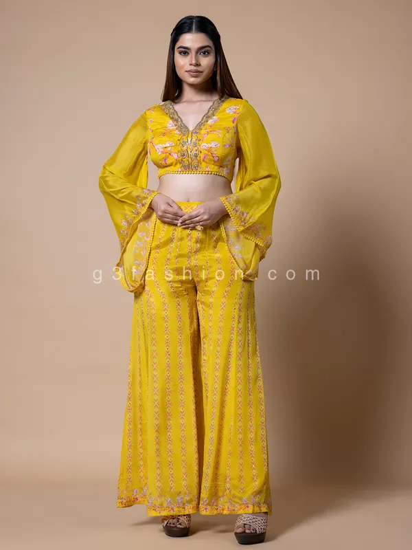 Yellow silk printed crop top with palazzo