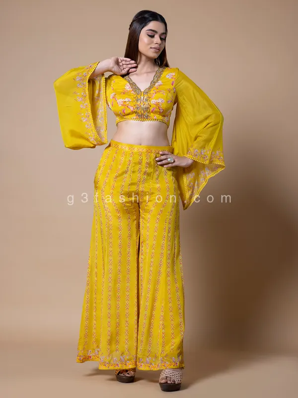 Yellow silk printed crop top with palazzo