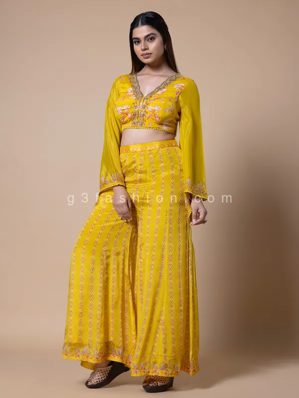 Yellow silk printed crop top with palazzo
