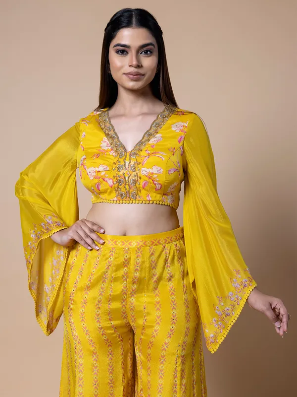 Yellow silk printed crop top with palazzo
