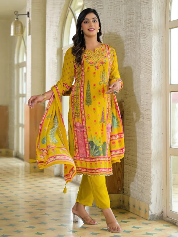 Yellow silk printed kurti set for haldi celebration
