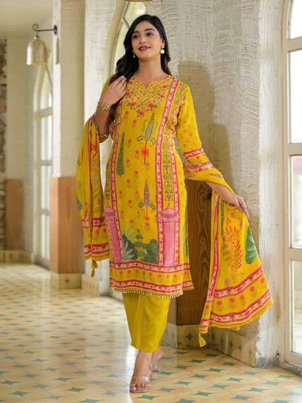 Yellow silk printed kurti set for haldi celebration