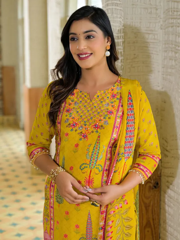 Yellow silk printed kurti set for haldi celebration