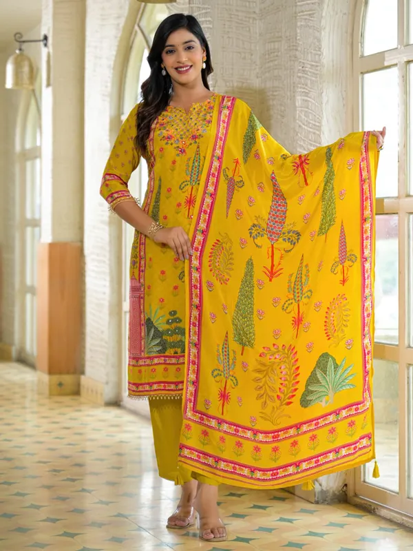 Yellow silk printed kurti set for haldi celebration