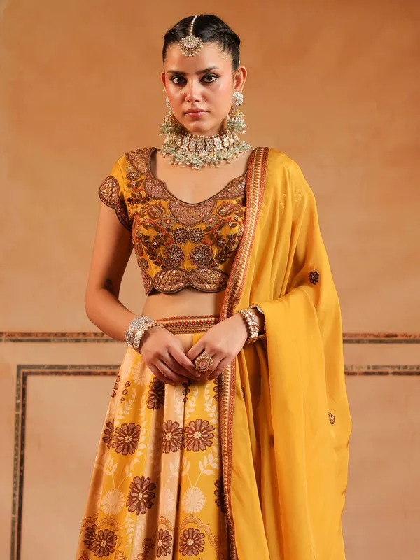 Yellow silk printed lehenga choli for haldi
