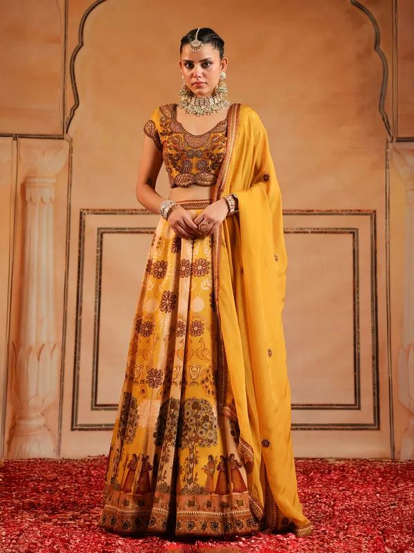 Yellow silk printed lehenga choli for haldi