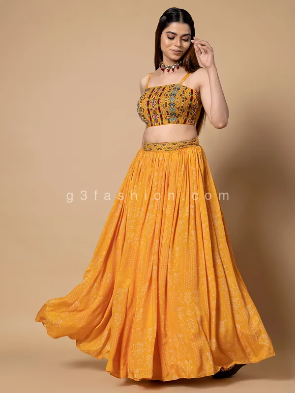 Yellow silk printed lehenga choli with dupatta