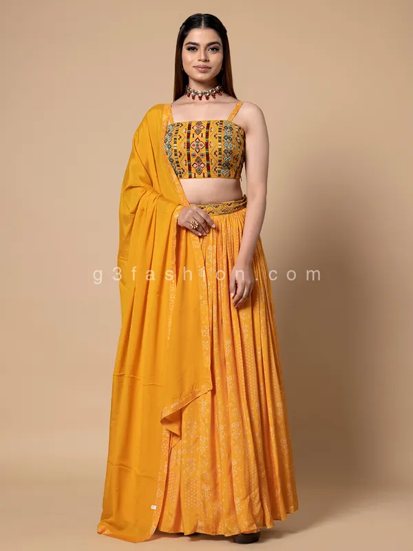 Yellow silk printed lehenga choli with dupatta