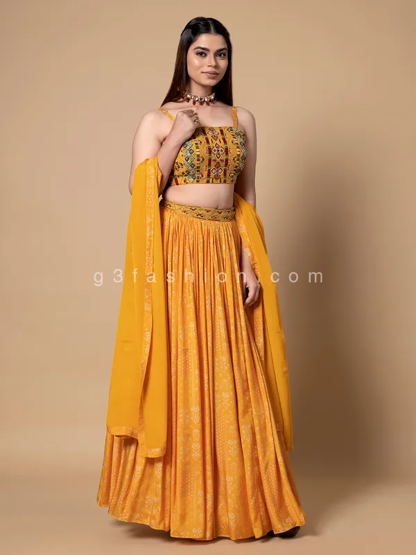 Yellow silk printed lehenga choli with dupatta