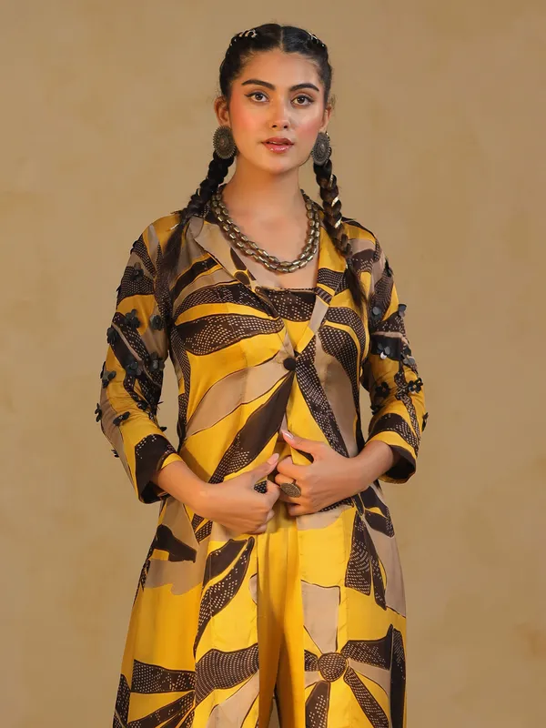 Yellow silk printed palazzo set with long jacket