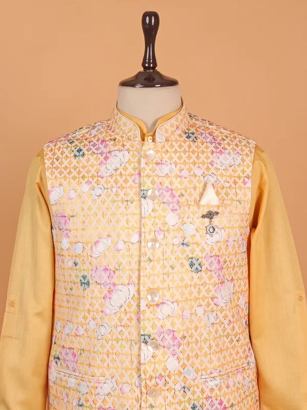 Yellow silk printed waistcoat set for men