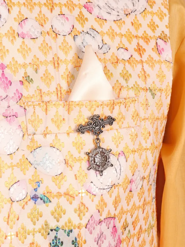 Yellow silk printed waistcoat set for men