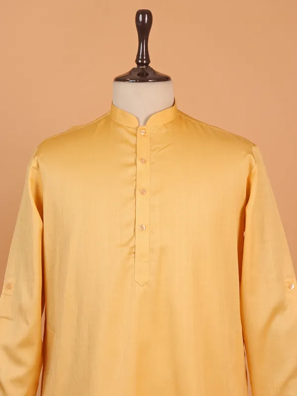 Yellow silk printed waistcoat set for men