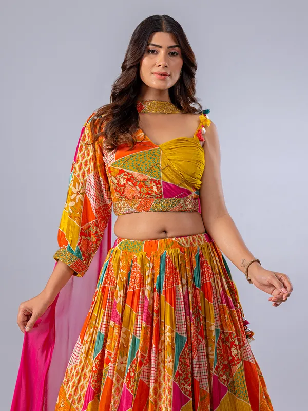 Yellow silk printed wedding wear lehenga choli