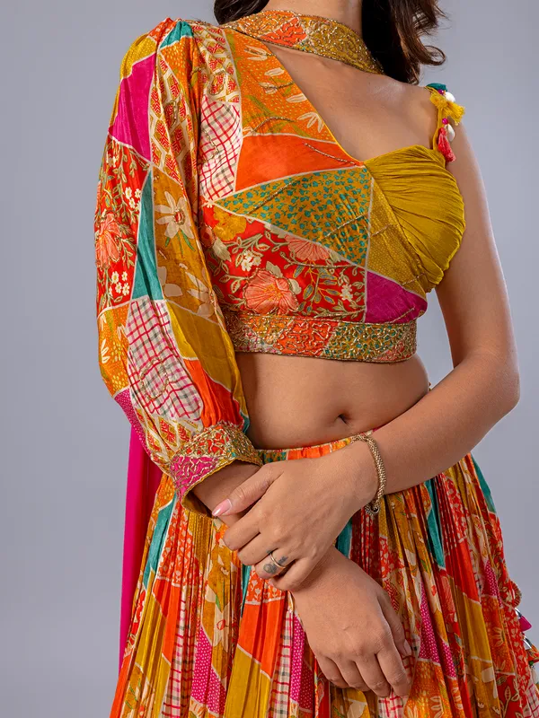 Yellow silk printed wedding wear lehenga choli