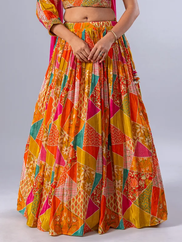 Yellow silk printed wedding wear lehenga choli