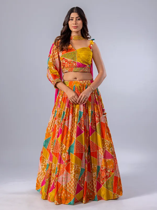 Yellow silk printed wedding wear lehenga choli
