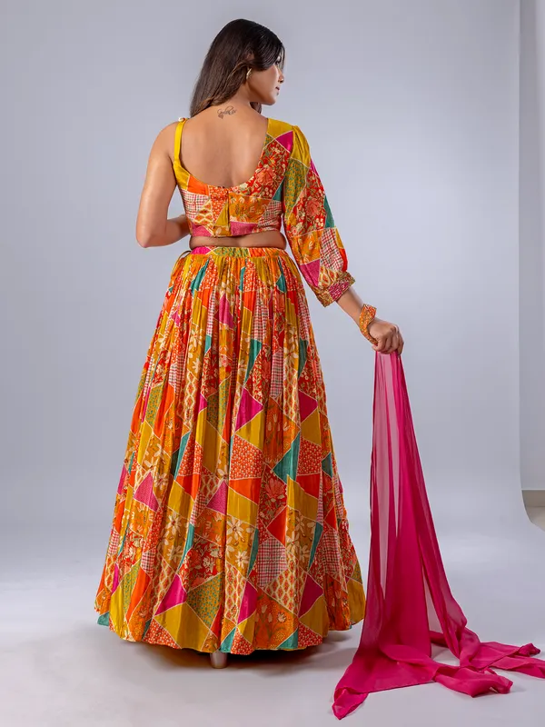Yellow silk printed wedding wear lehenga choli