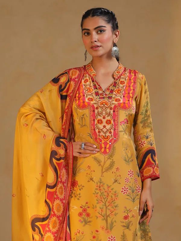 Yellow silk salwar suit with atrractive print