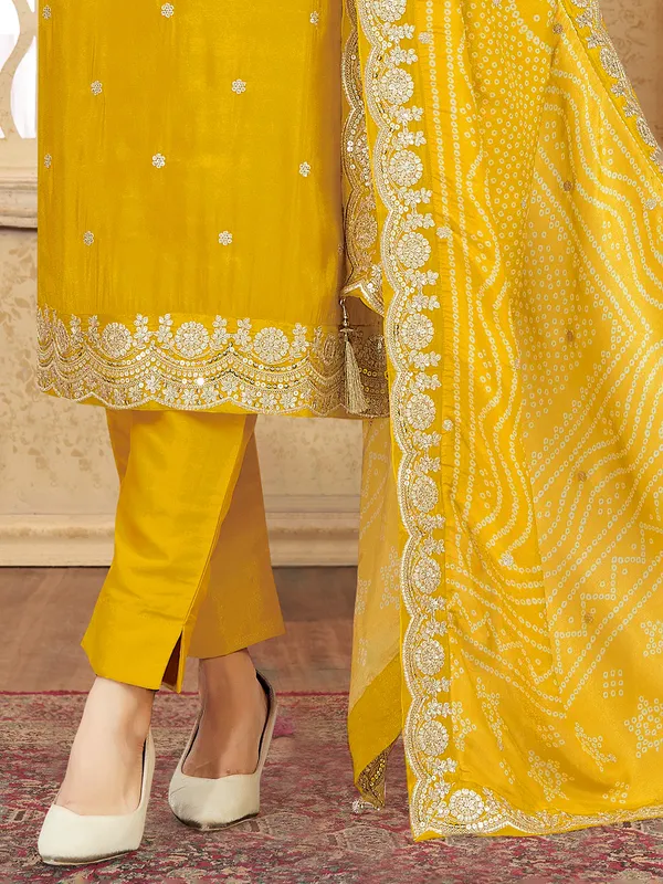 Yellow silk salwar suit with resham and zardosi glow