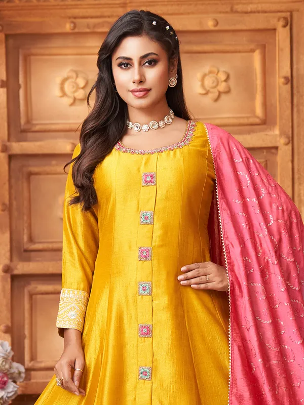 Yellow silk salwar suit with shaded dupatta