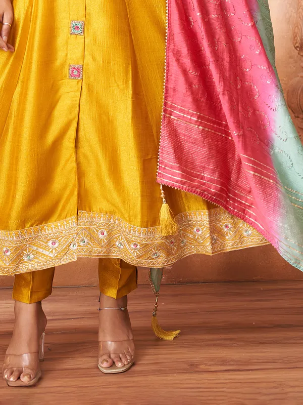 Yellow silk salwar suit with shaded dupatta