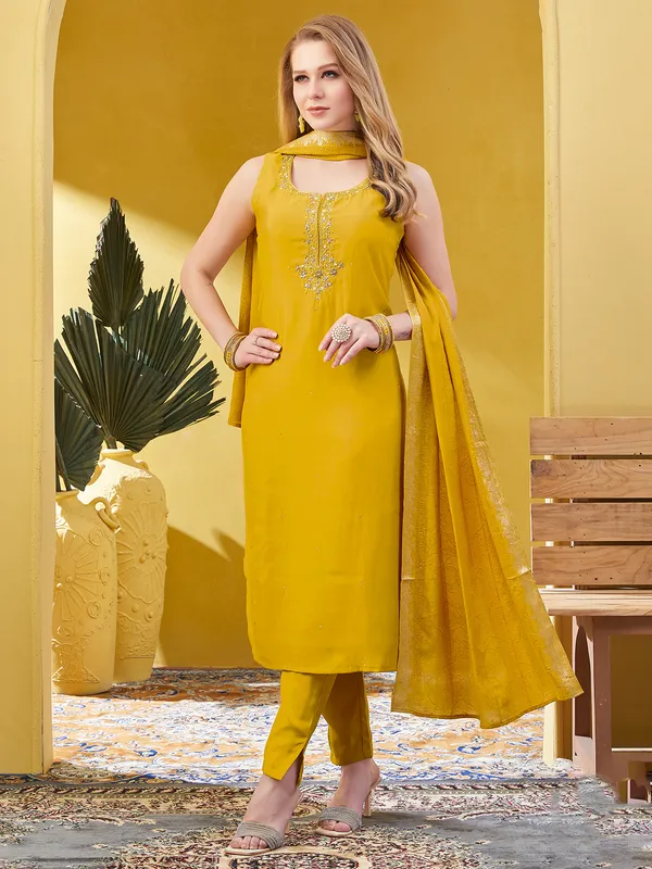 Yellow silk salwar suit with zari embellished dupatta
