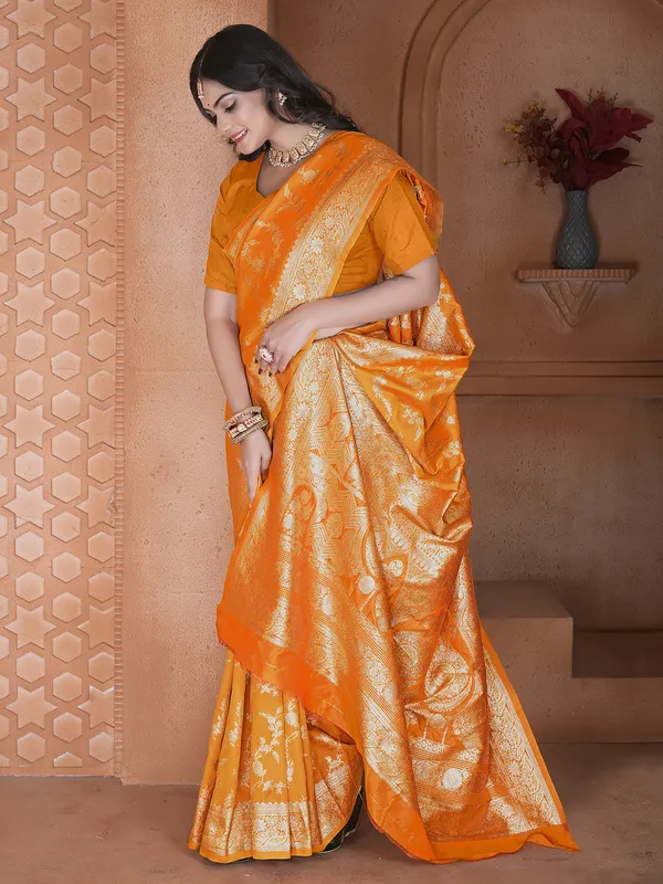 Yellow silk saree with banarasi pallu