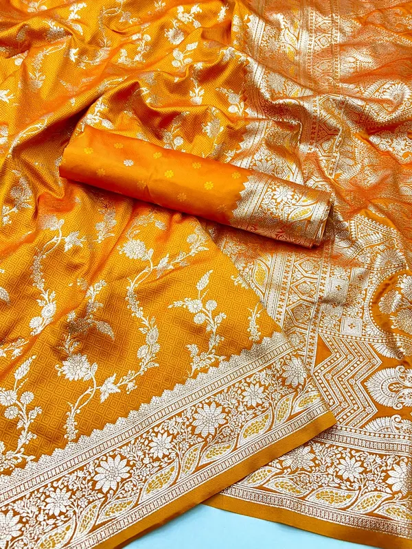 Yellow silk saree with banarasi pallu