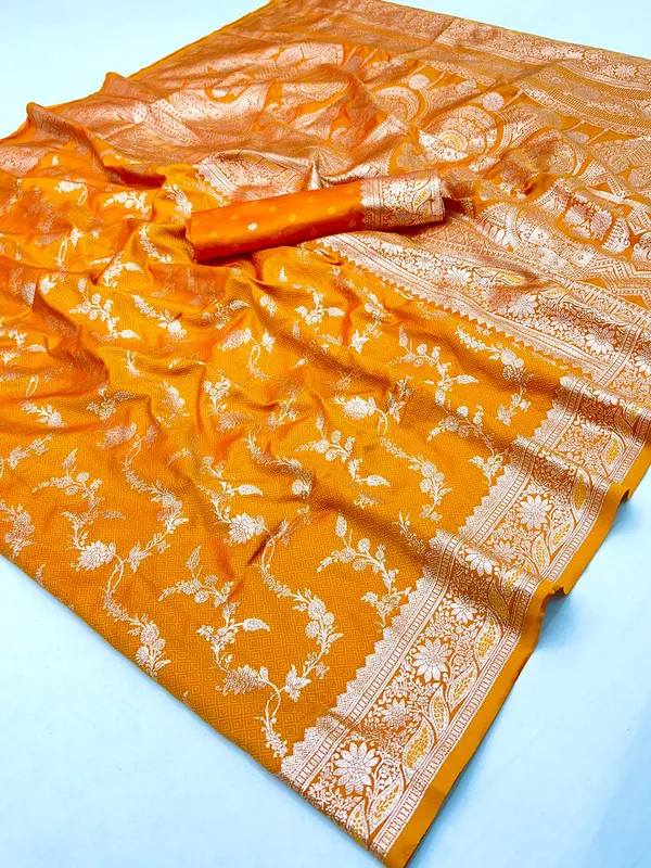 Yellow silk saree with banarasi pallu
