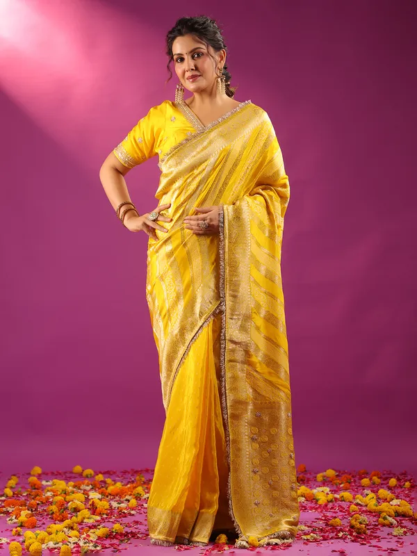 Yellow silk saree with zari shine for women
