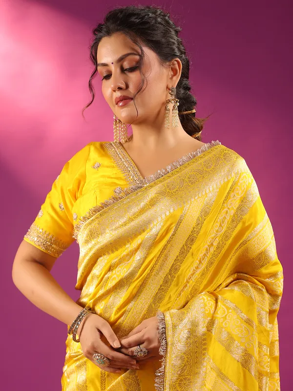 Yellow silk saree with zari shine for women