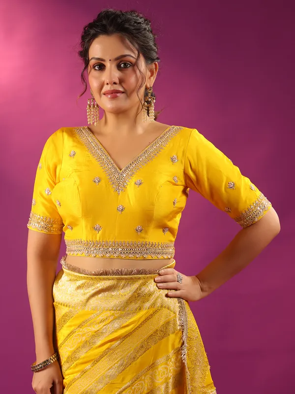 Yellow silk saree with zari shine for women