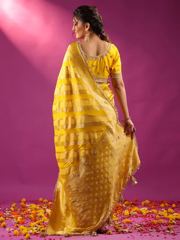 Yellow silk saree with zari shine for women